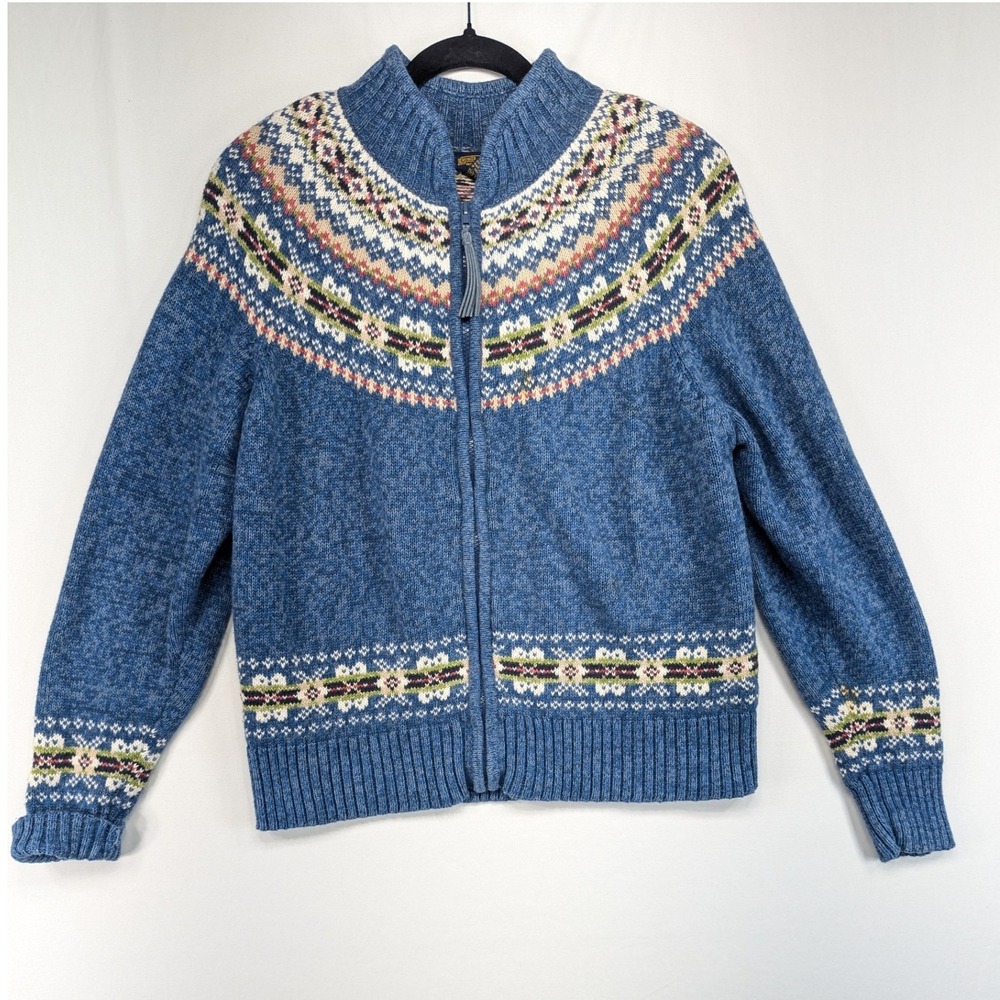 Shaver Lake Blue Fair Isle Full Zip Sweater Mock Neck Ramie Cotton‎ Cardigan L